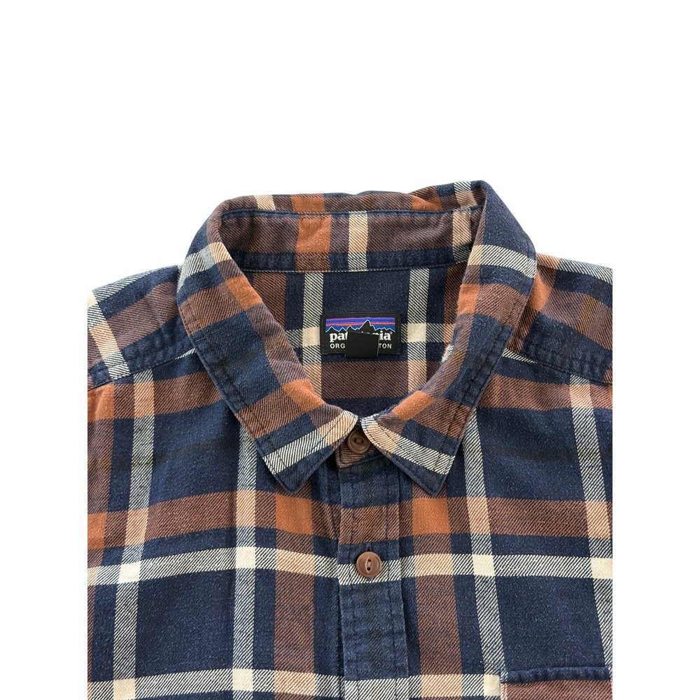 Patagonia Fjord Flannel Shirt Mens XL Navy Brown Plaid Organic Cotton LS